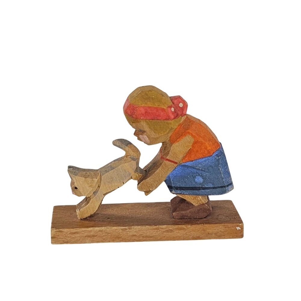 Vintage Erzgebirge Emil Helbig Wood Carved Girl With Cat Kitten Miniature